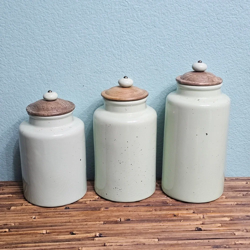 Pier 1 Imports Mint Green Speckled Ceramic Canister Set Wood Lids Farmhouse